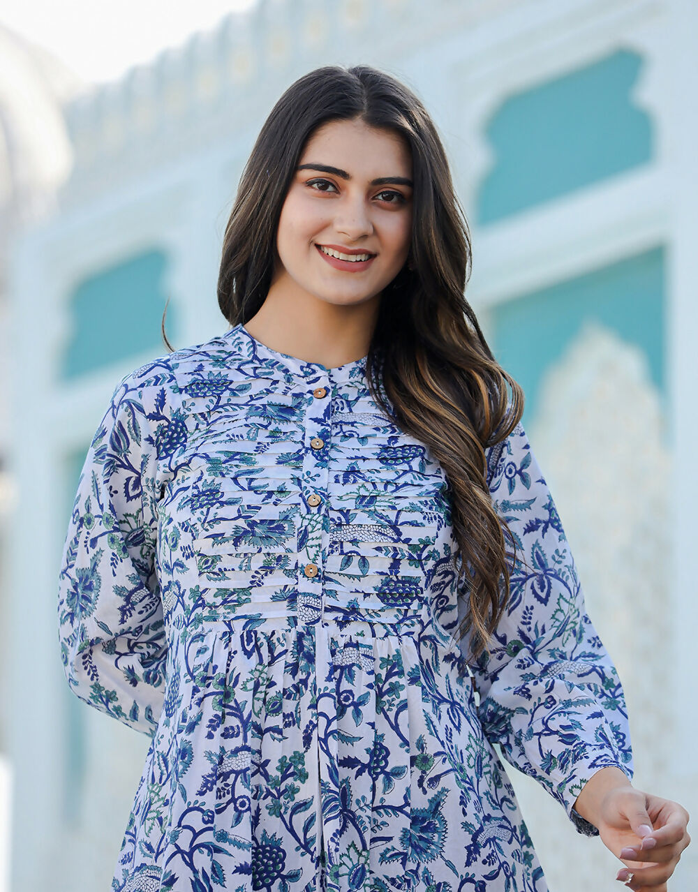 Kaajh Women's White-Blue Hand Block Printed Cotton Top | Grocsy