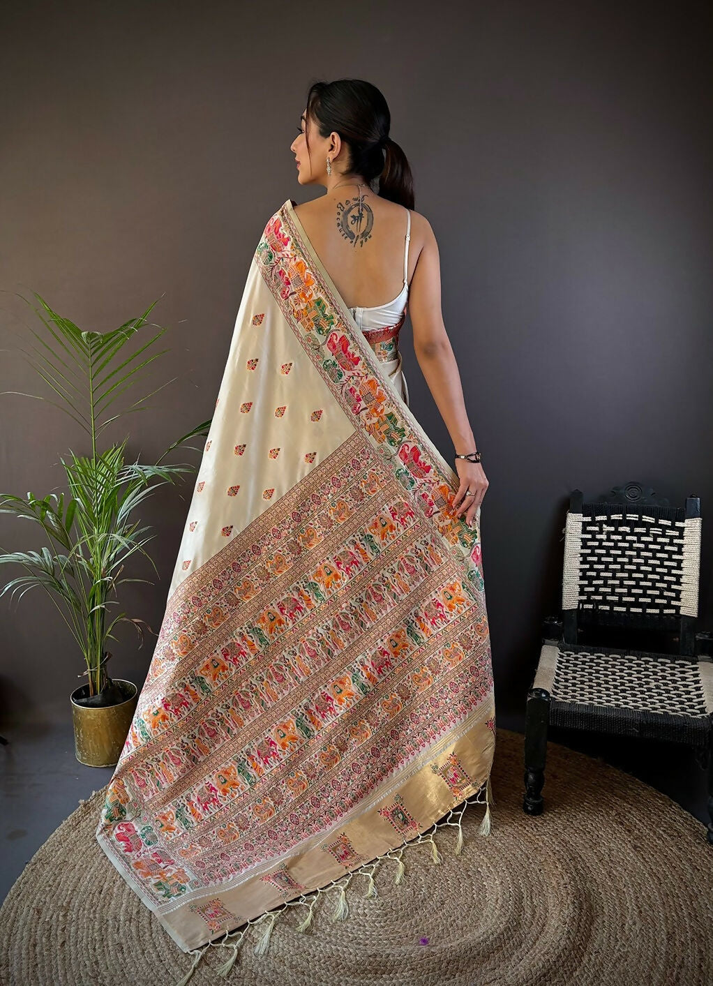 Joban Fashion White Meena Weaves Pashmina Sarees | Grocsy
