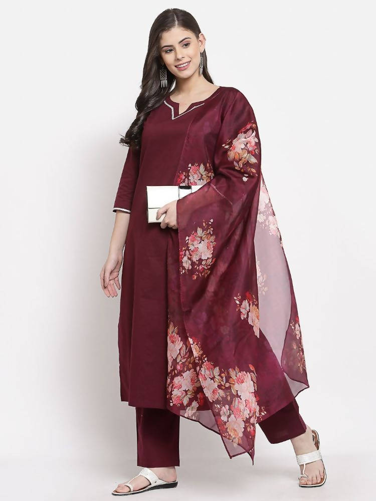 Myshka Women's Burgundy Cotton Solid 3/4 Sleeve Square Neck Casual Kurta Pant Dupatta Set | Grocsy