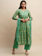 Sea Green Pure Cotton Bandhani Printed Naira Cut Kurta And Bottom With Dupatta - Akashara | Grocsy