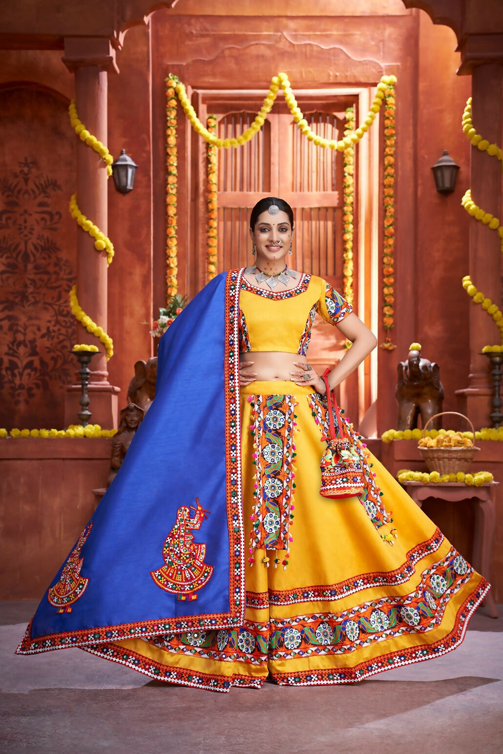 AI Fashion Yellow Art Silk Designer Navratri Lehenga Choli Collection | Grocsy