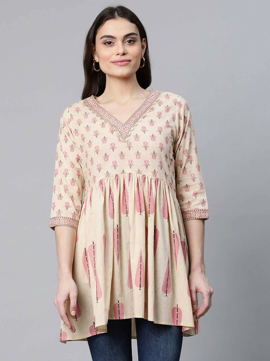 Ahalyaa Women Beautiful Beige Pure Cotton Printed Tunic | Grocsy