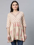 Ahalyaa Women Beautiful Beige Pure Cotton Printed Tunic | Grocsy