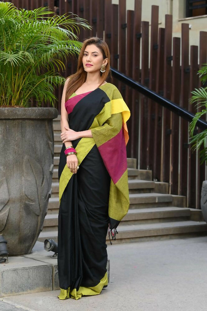 Beatitude Black Cotton Handloom Saree | Grocsy