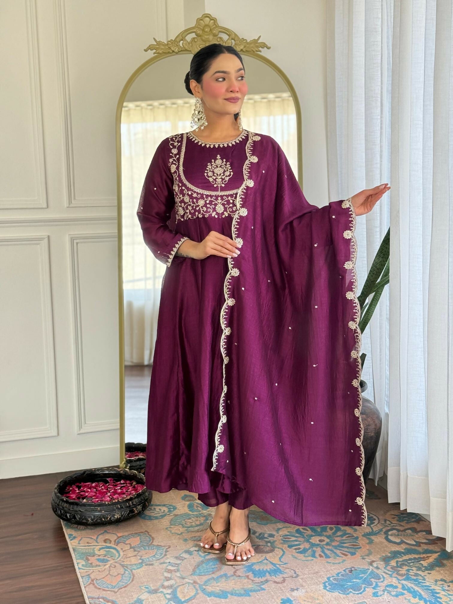 The52 Women's Beautiful Vichitra Silk Fabric Embroidery Work Flared Anarkali Pant and Dupatta Set | Grocsy