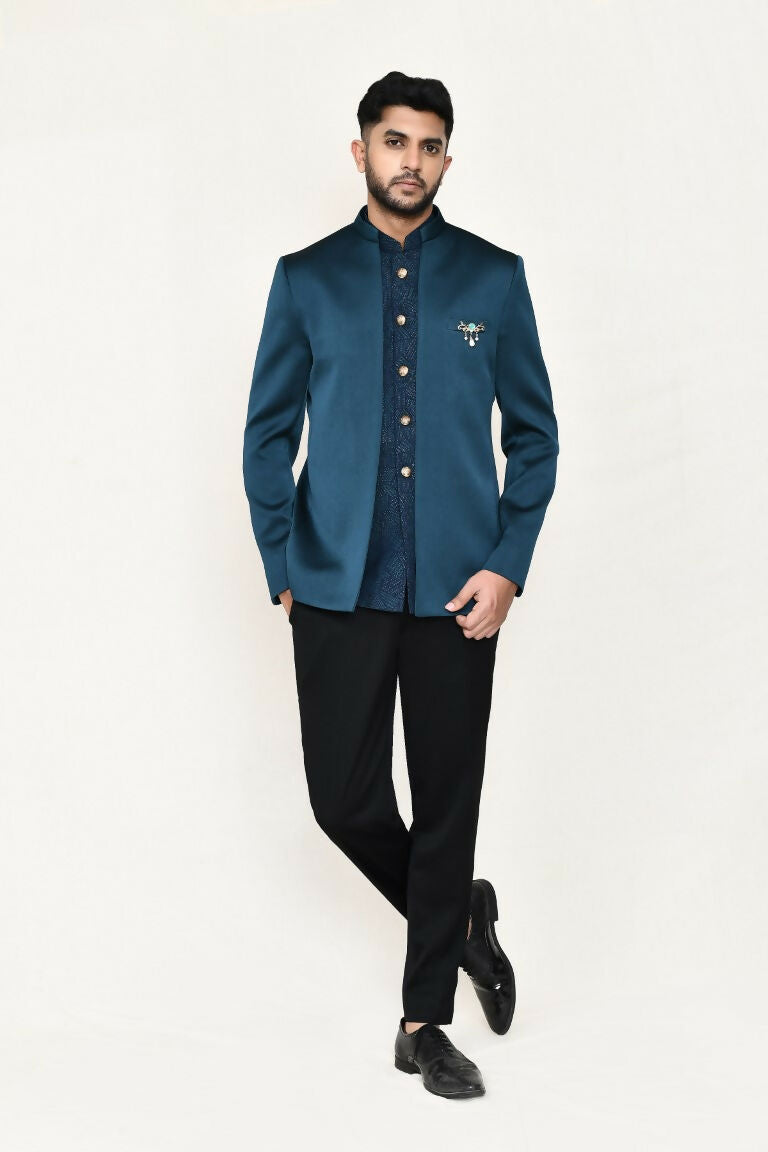 Joban Fashion Green Colored Imported Polyester Fabric Open Prince Coat, Jacket With Pant | Grocsy