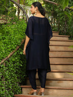 Janasya Navy Blue Silk Blend Yoke Embroidery Co-Ords | Grocsy