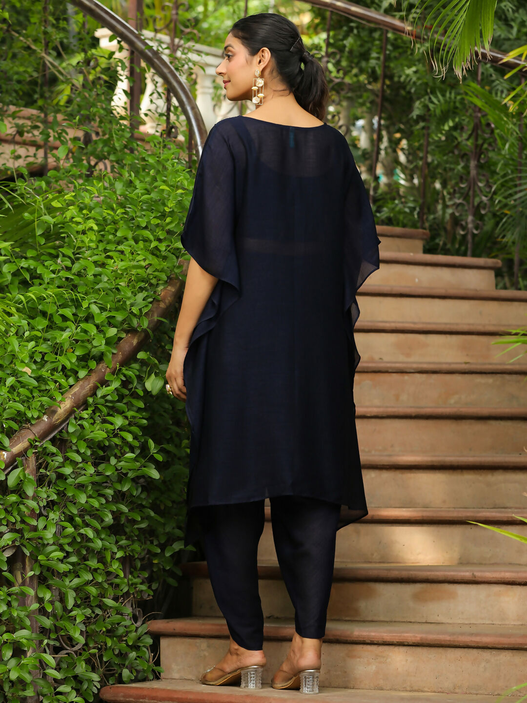 Janasya Navy Blue Silk Blend Yoke Embroidery Co-Ords | Grocsy