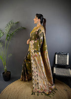 Elora Mahendi Green Soft Silk Floral Zari Weaving Meenakari Saree With Floral Border | Grocsy