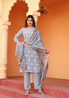 Alvano Alvano Women's 3Pcs Straight Kurti Set Printed Rayon | Grocsy