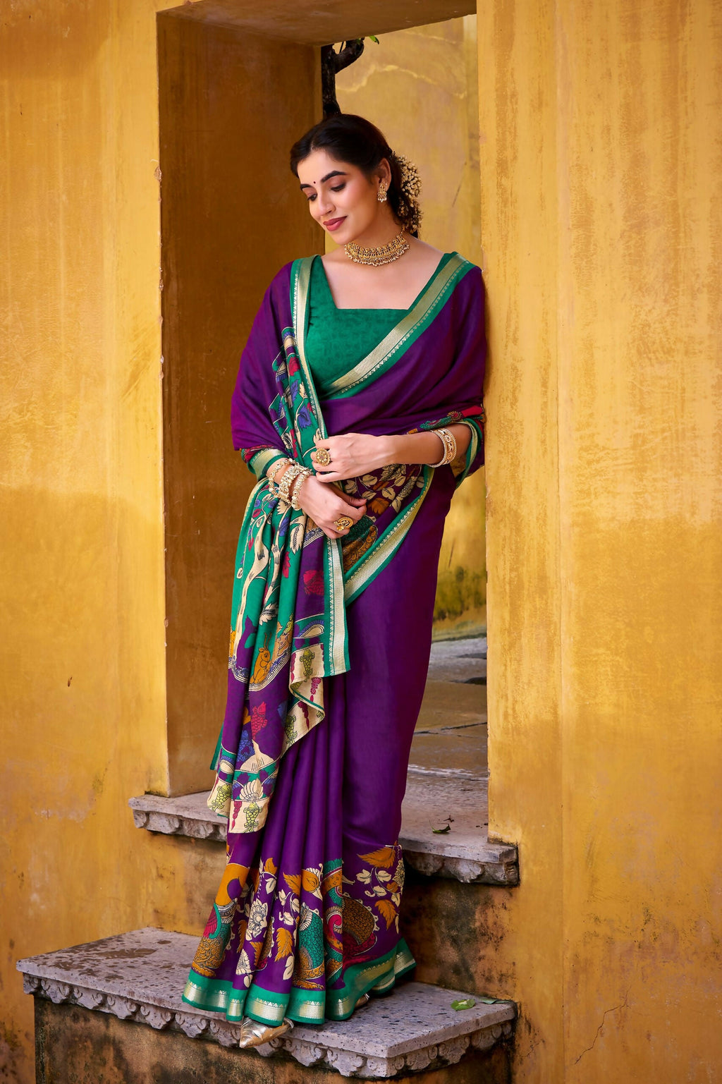 Vastranavya Purple Viscose Chanderi Kalamkari Print with Zari Working Saree & Unstitched Blouse | Grocsy