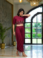 Juniper Women's Rust Thread Embroidered Rayon Top & Dhoti Pant Set | Grocsy
