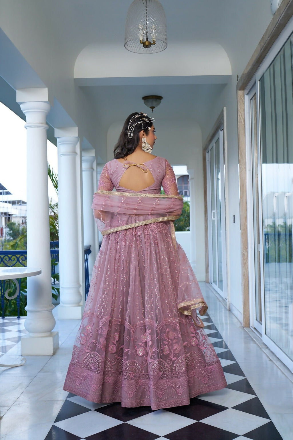 Eilara Glamorous Dusty Pink Butterfly Net With Tone To Tone Thread And Sequence Embroidered Work Lehenga Choli For Wedding | Grocsy