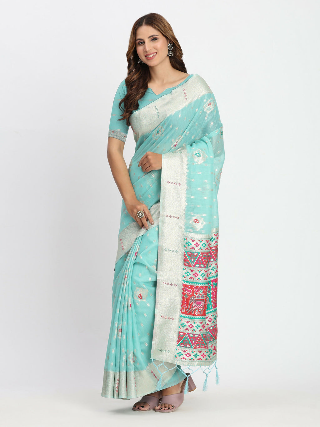 Shree Shyam Fashion Linen Cotton Sea Green Saree | Grocsy