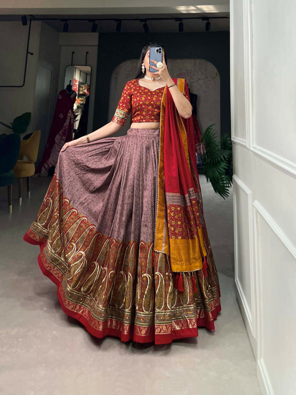 Vastranavya Kashmiri Print With Foil Print Lehenga with Unstitched Printed Blouse - Onion | Grocsy