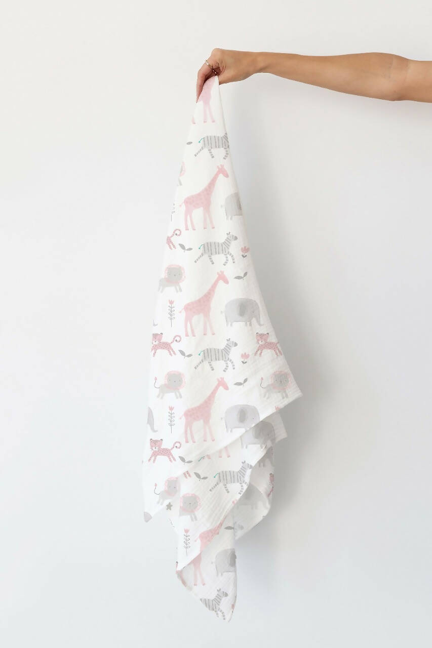 Kindermum Organic Cotton Muslin Swaddle Blanket 100 Cm X 100 Cm - Set Of 2 - Jungle Safari And Tiny Animals | Grocsy