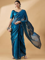 Teal Organza Swaroski Diamond Work Saree with Unstitched Blouse - Radha | Grocsy