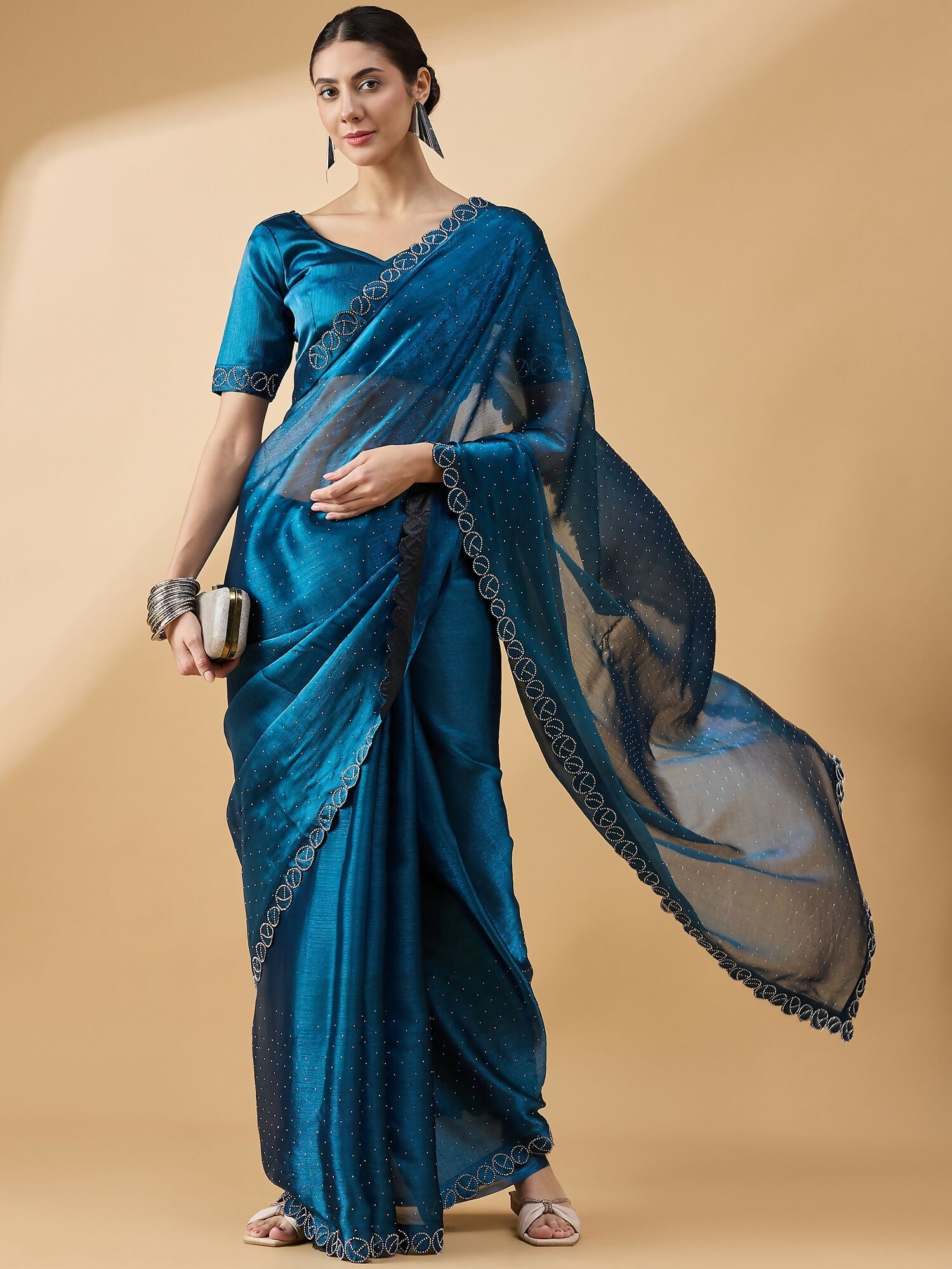 Teal Organza Swaroski Diamond Work Saree with Unstitched Blouse - Radha | Grocsy