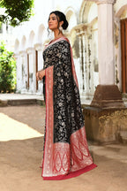Joban Fashion Black Crepe Chiffon Pure Handloom Banarasi Silk Saree | Grocsy