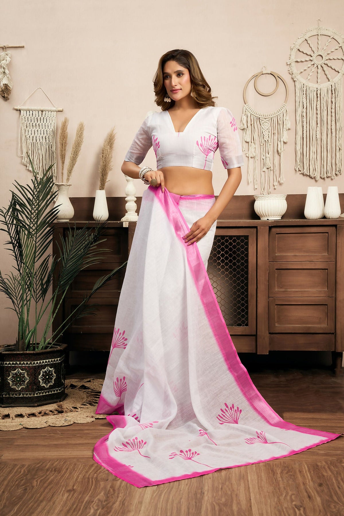 Vastranavya White Digital Printed Linen Ready To Wear Designer Saree with Unstitched Blouse | Grocsy