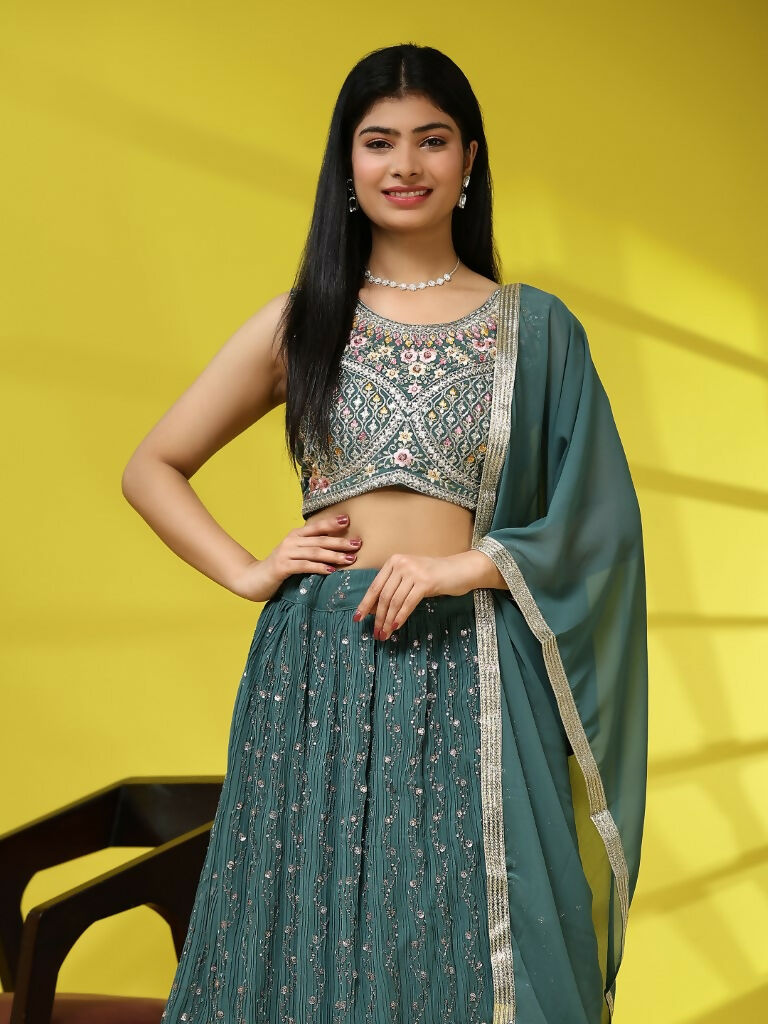 Green Georgette Embroidered Lehenga choli with Dupatta - Dhara | Grocsy