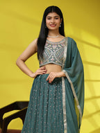 Green Georgette Embroidered Lehenga choli with Dupatta - Dhara | Grocsy