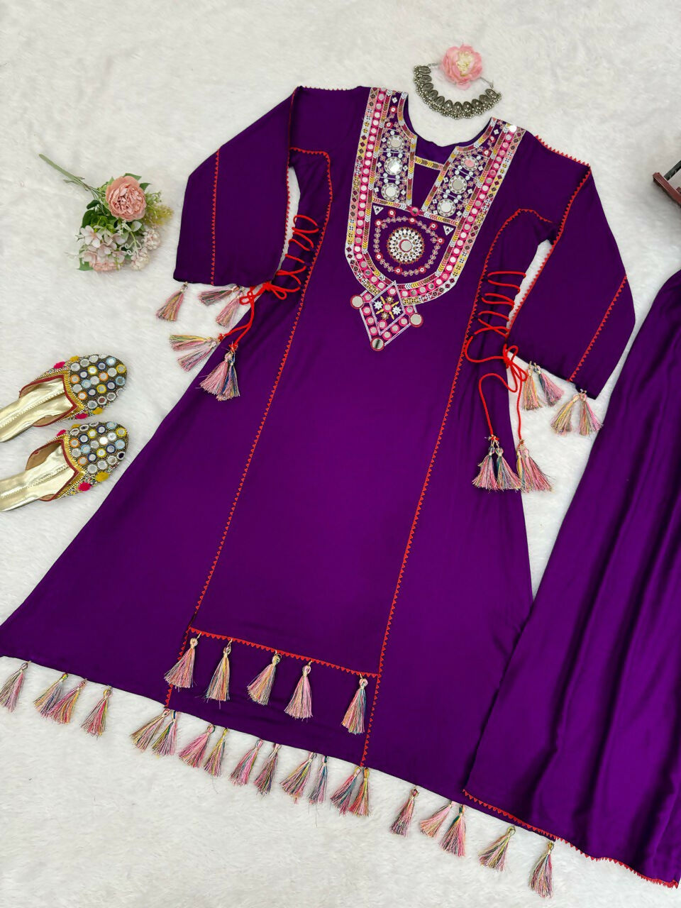The52 Women's Gorgeous Rayon Fabric Thread Work Straight Kurta Palazzo Set | Grocsy