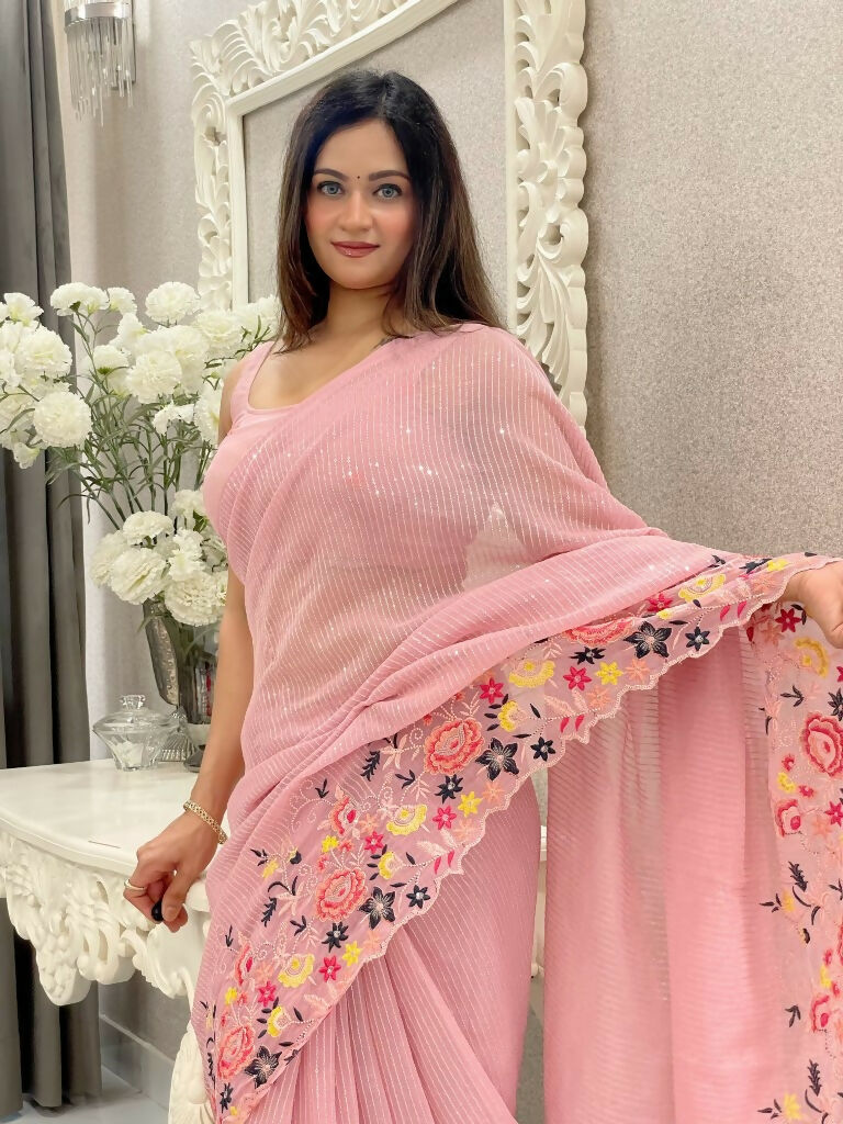 Pink Shimmer Silk Multi Thread Sequence Embroidery Work Saree - Kashta | Grocsy