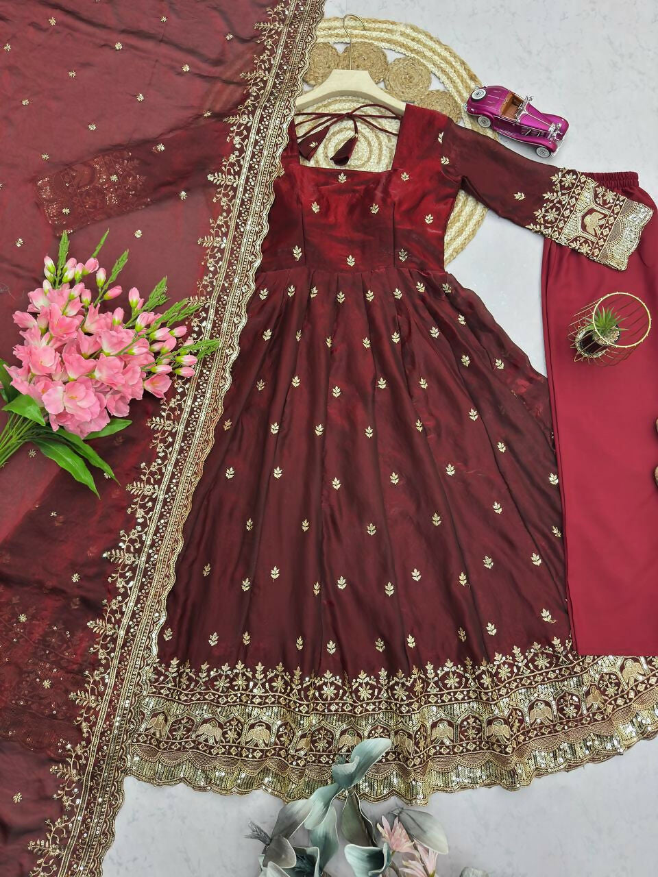 Teeya Creation Dark Maroon Heavily Embroidered Festive Wear Anarkali Salwar Suit | Grocsy