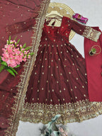 Teeya Creation Dark Maroon Heavily Embroidered Festive Wear Anarkali Salwar Suit | Grocsy