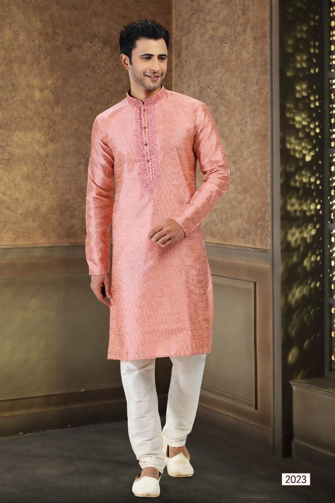 Raivat Ethnic Jacquard Banarasi Silk Thread Work Kurta Pajama In Dark Pink Colour | Grocsy