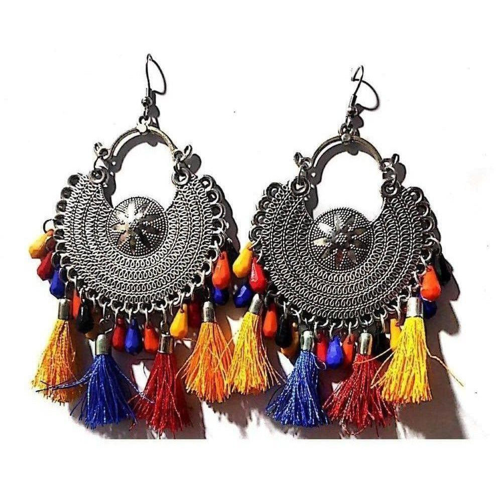 MS Fashion India German Silver Chandbali Earrings With Multi Color Beads And Silk Threads | Grocsy