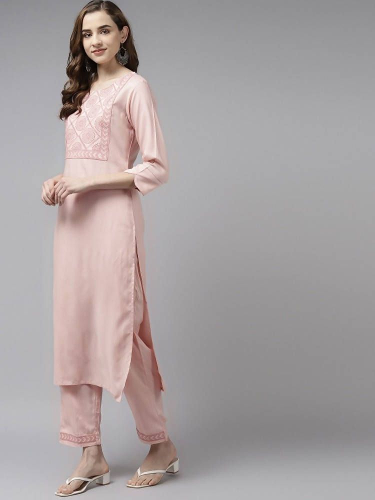 Yufta Women Pink Ethnic Motifs Yoke Design Thread Work Kurta with Palazzo | Grocsy
