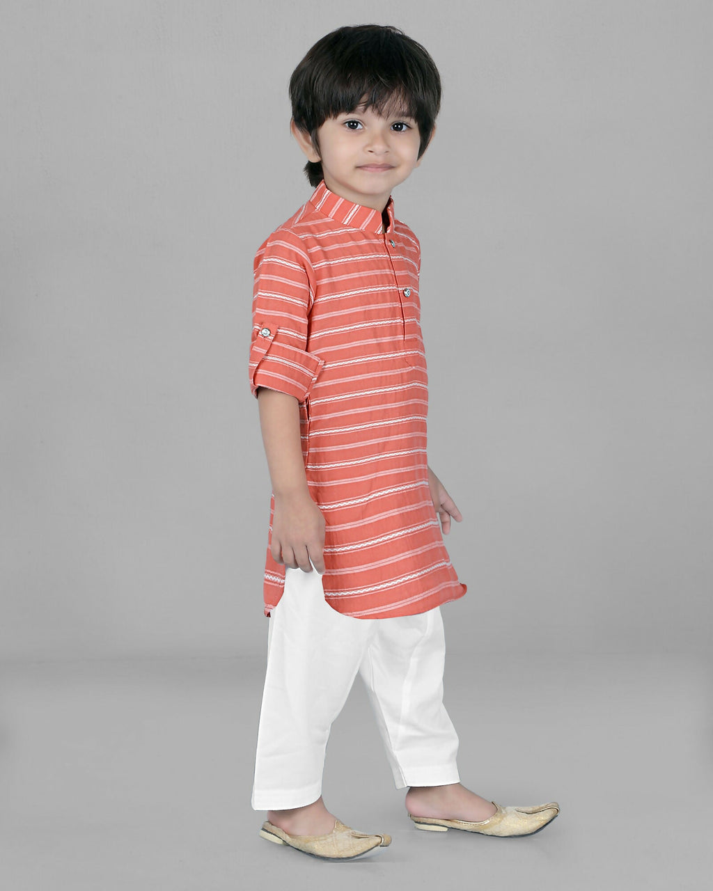 Joban Fashion Kids Island Cotton Full Sleeves Striped Kurta and Pyjama- Peach | Grocsy