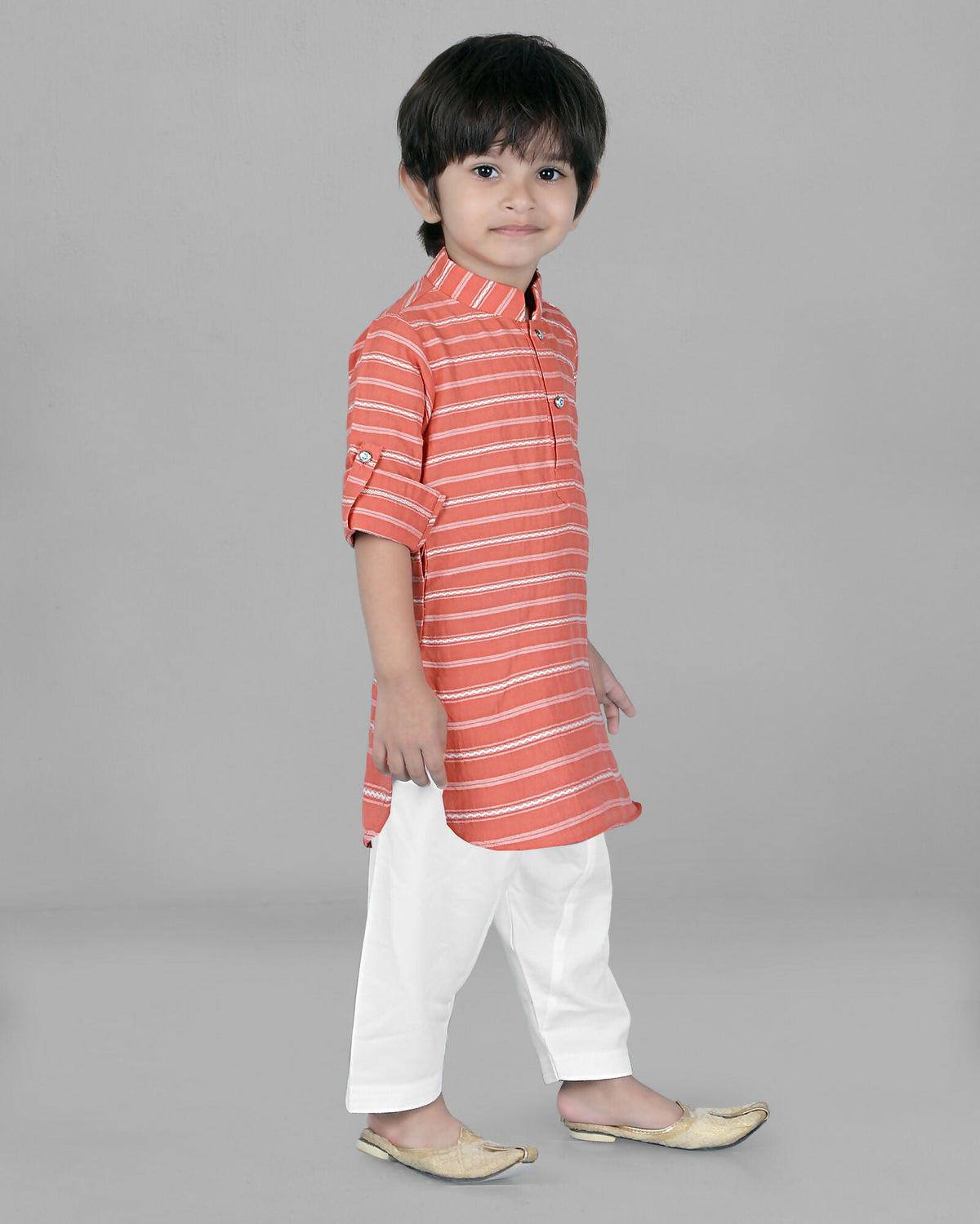 Joban Fashion Kids Island Cotton Full Sleeves Striped Kurta and Pyjama- Peach | Grocsy