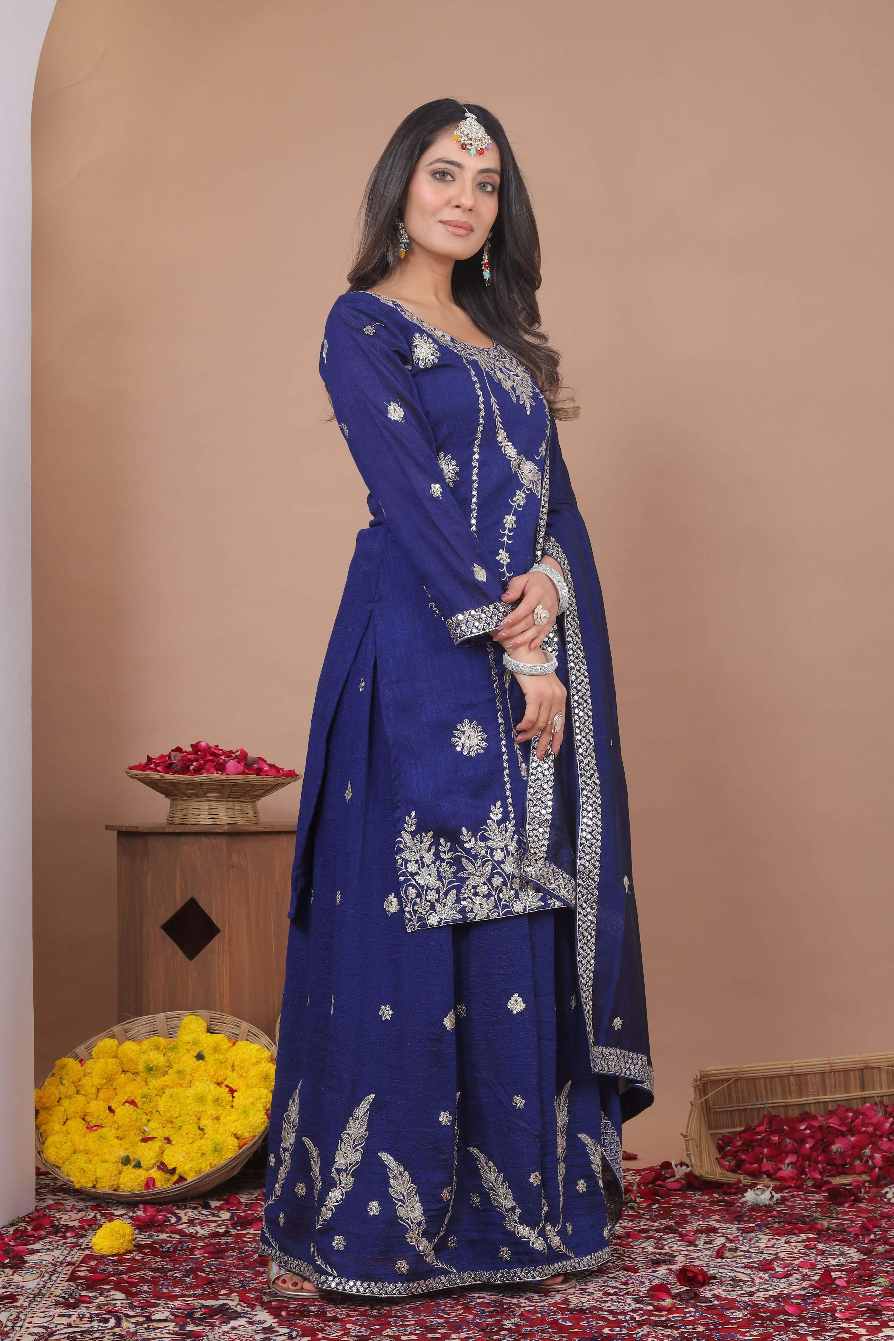 The52 Women's Gorgeous Embroidery Work Vichitra Blooming Fabric Straight Kurta Sharara and Dupatta Set | Grocsy