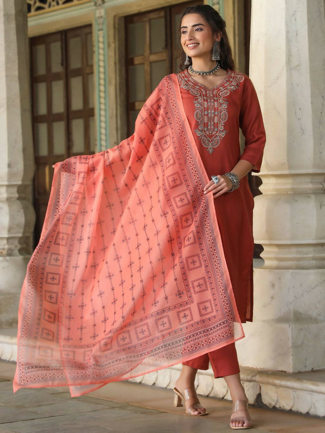 Juniper Women's Rust Silk Solid Embroidered Kurta Set | Grocsy
