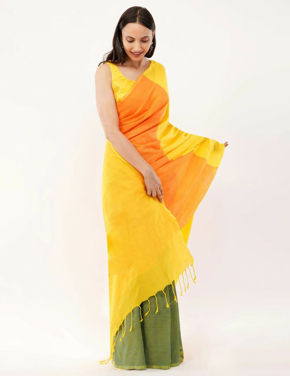 Exclusive Collection Beautiful Khadi Cotton Yellow Orange Green Handloom Saree | Grocsy