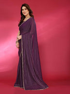 PR Fashion Wine Jimmy Choo Fabric Palin With Work Lace Saree | Grocsy