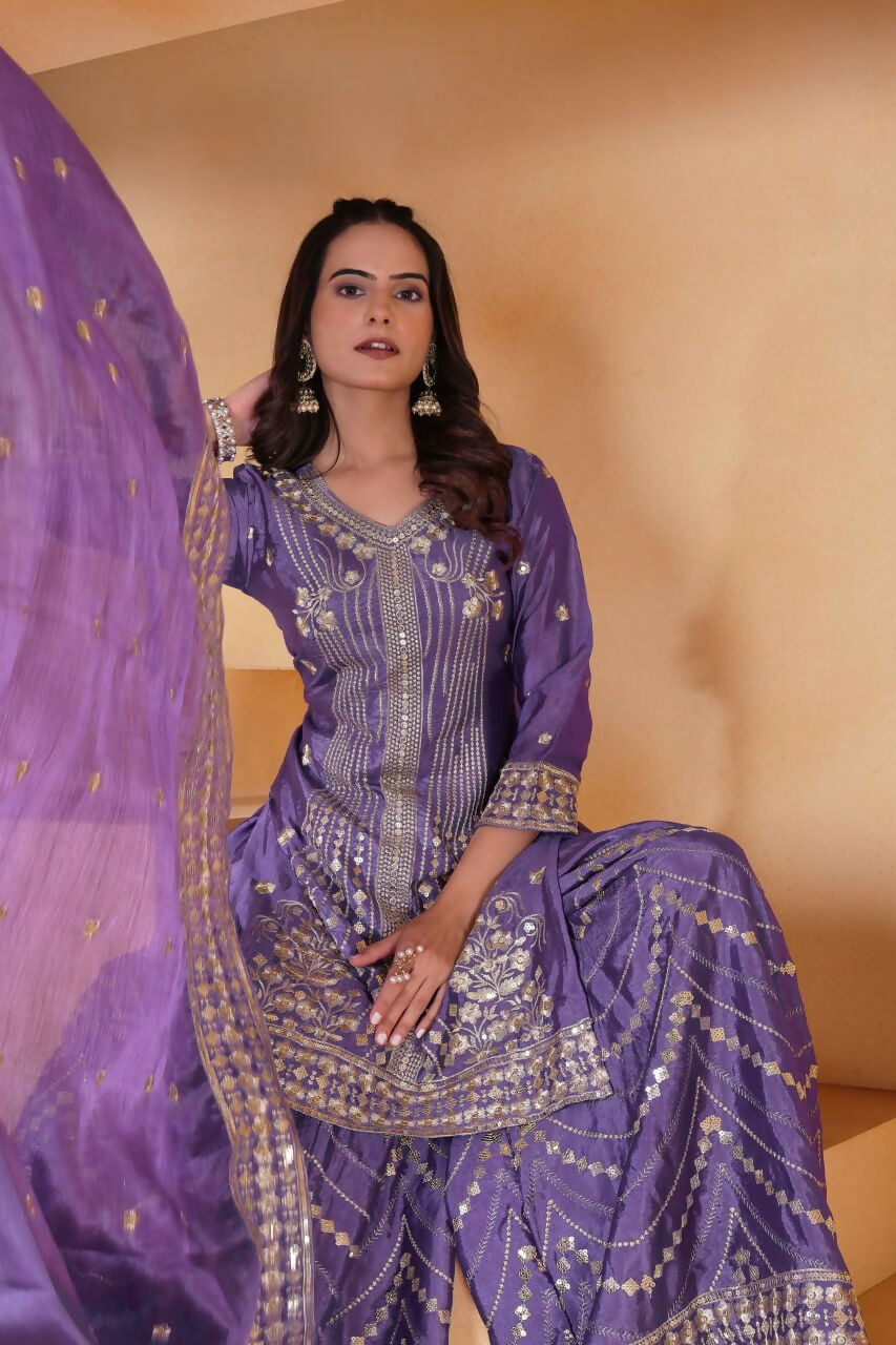 Teeya Creation Lavender Color Chinon Silk Wedding Wear Trending Palazzo Set | Grocsy