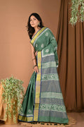 Very Much Indian Pure Cotton Handloom Saree With Intricate Borders - Green | Grocsy