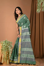 Very Much Indian Pure Cotton Handloom Saree With Intricate Borders - Green | Grocsy