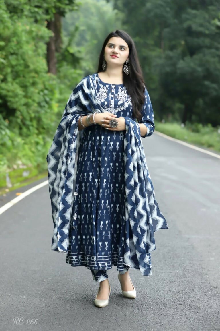 Alvano Anarkali Kurti with Pant and Dupatta set for Women and Girls Printed Cotton (Blue) | Grocsy