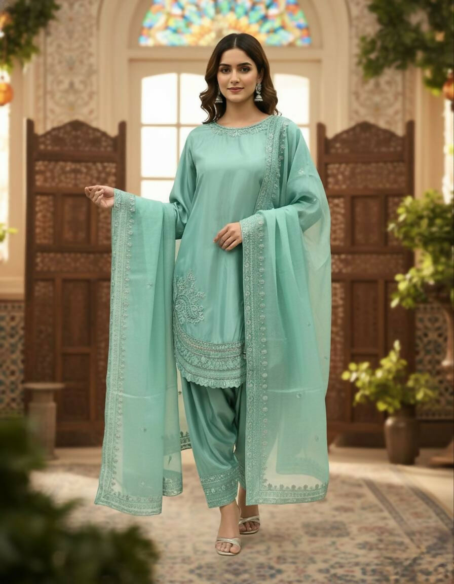 Teeya Creation Turquoise Color Natural Creap Silk Designer Fancy Party Wear Salwar Suit | Grocsy