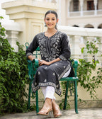 Kaajh Women's Black Chikhankari Embroidered Kurta Pant Set | Grocsy
