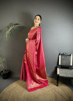 Joban Fashion Rani Pink Paisley & Floral Soft Satin Silk Banarasi Silk Saree | Grocsy