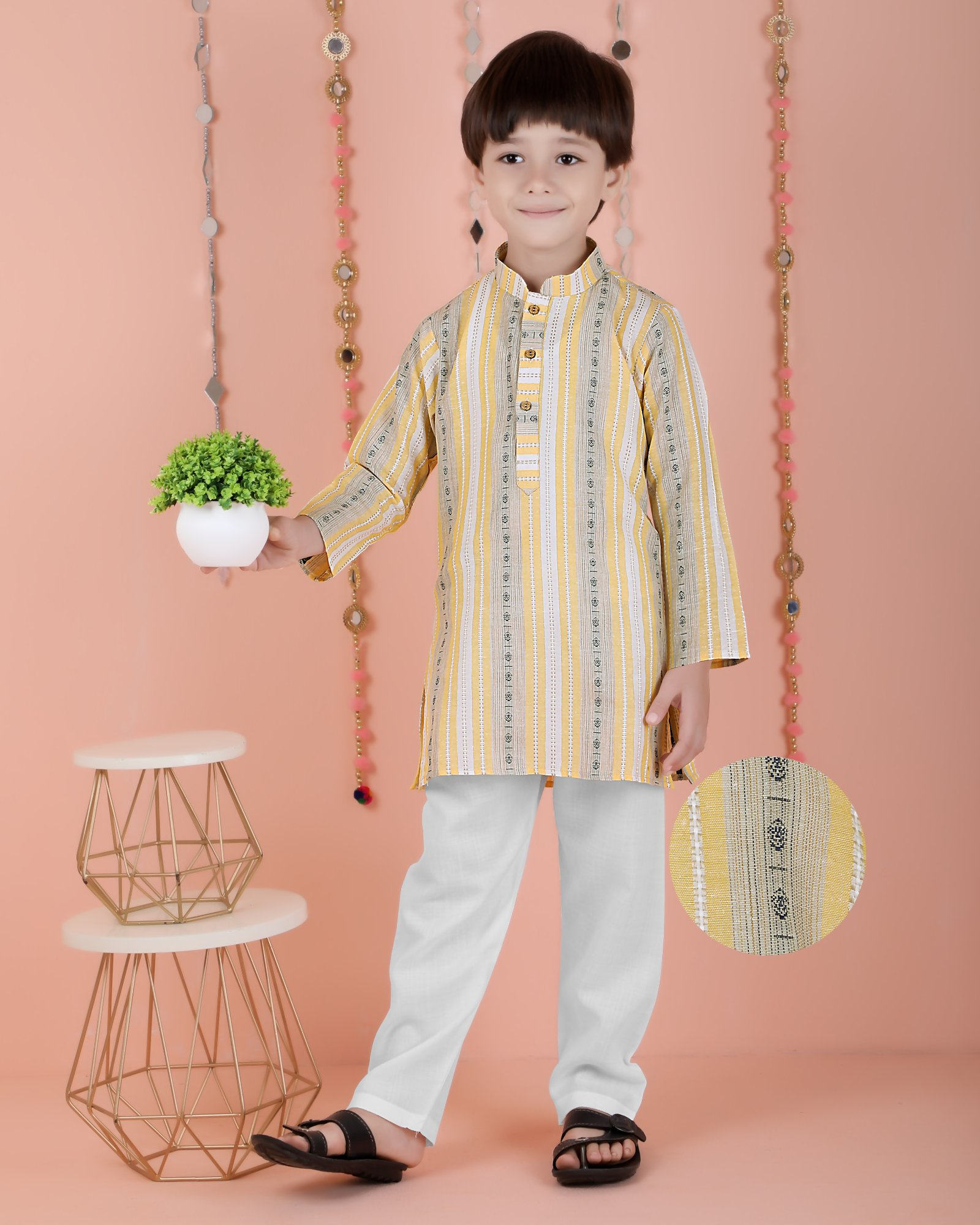 Joban Fashion Kids Island Cotton Full Sleeves Striped Kurta and Pyjama- Yellow | Grocsy