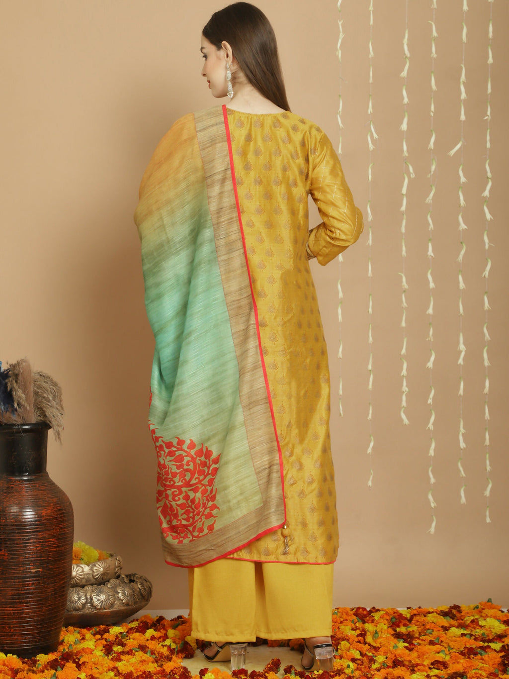 Jyoti Fashion Women's Yellow Chanderi Silk Elegant Jardoshi Semi Kurta with Trouser & Dupatta | Grocsy