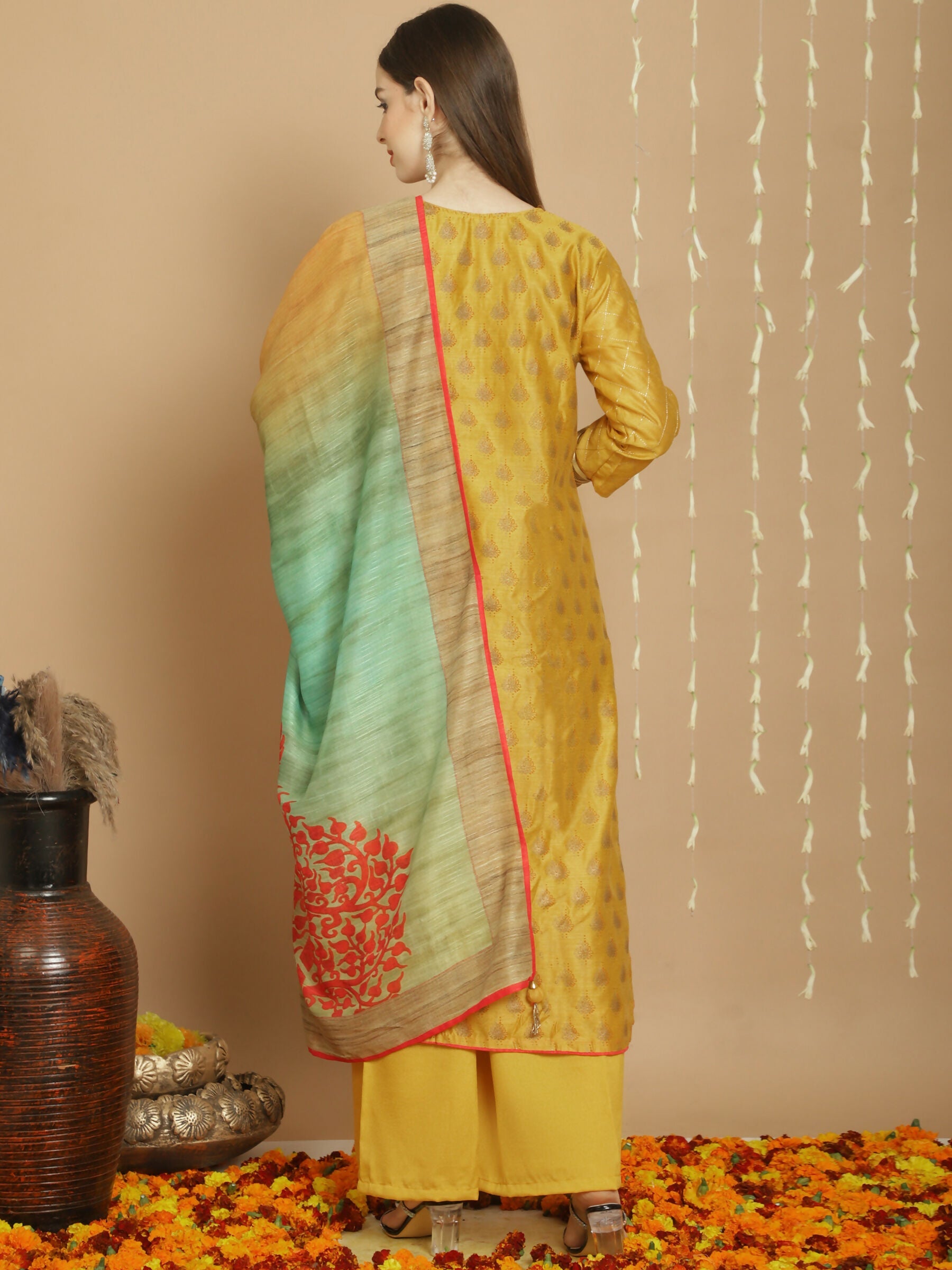 Jyoti Fashion Women's Yellow Chanderi Silk Elegant Jardoshi Semi Kurta with Trouser & Dupatta | Grocsy