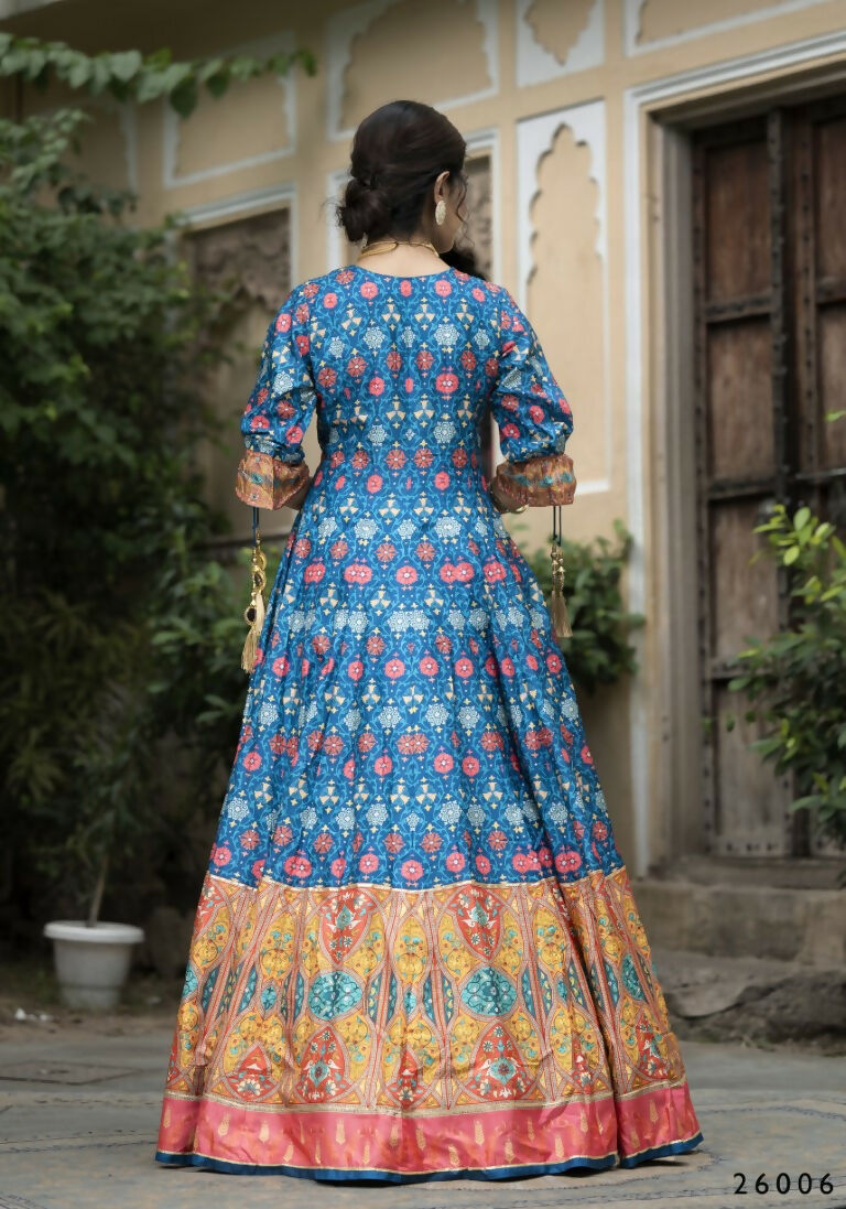 Wedding Designer Blue Soft Dola Silk Anarkali suit with Dupatta - Samanta | Grocsy